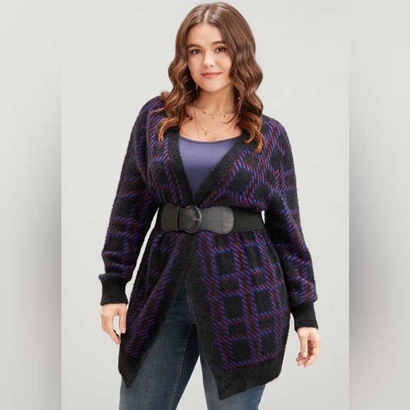 BloomChic Plaid Contrast Soft Sexy Yarn Knit Fluffy Open Front Cardigan 18-20 2X - Picture 3 of 10
